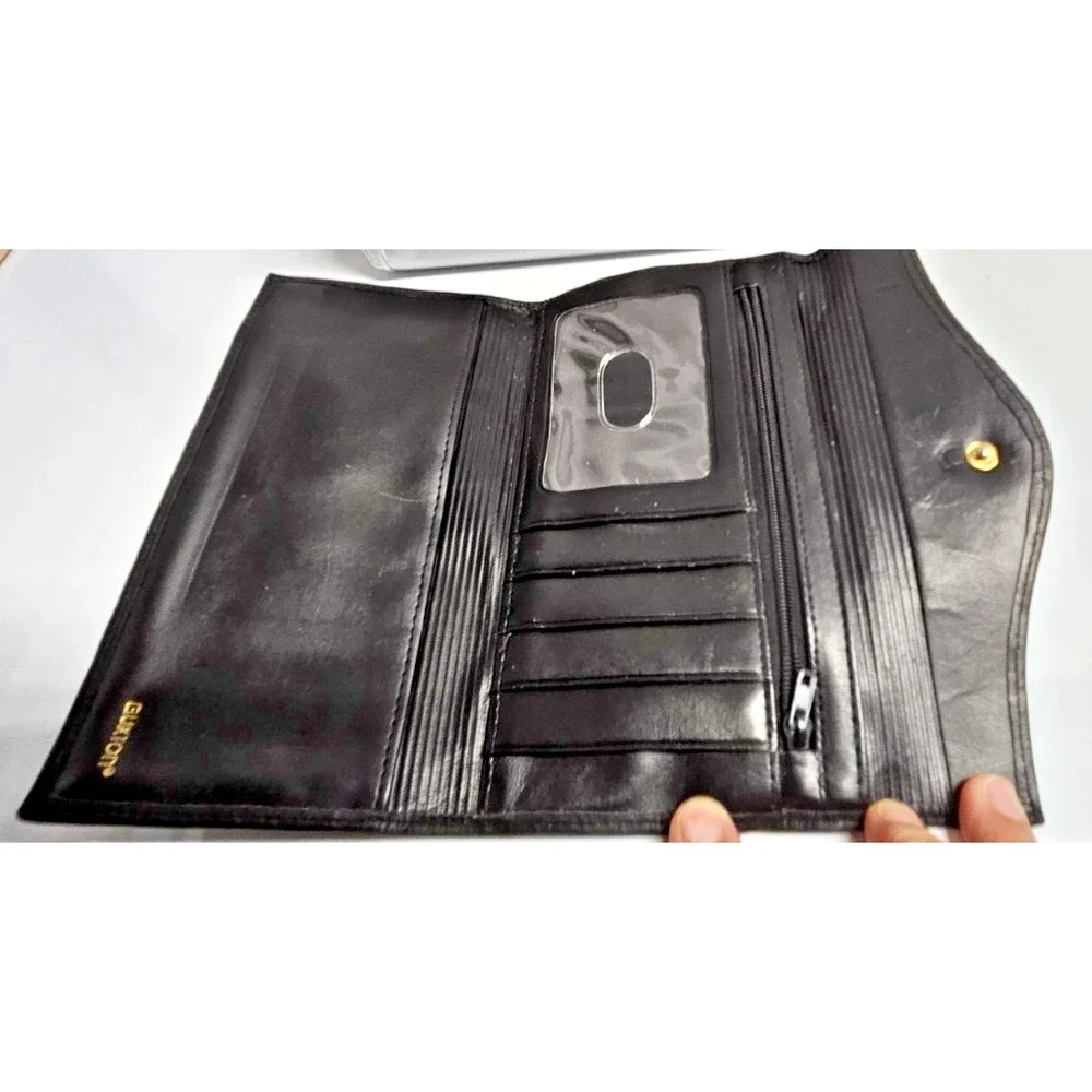 Vintage BUXTON black leather kiss lock purse‎ woman long wallet  7.25x4x0.5